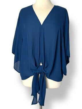 Adrienne Marine Blue V-neck Top Blouse Chiffon Ties at Waist Size L